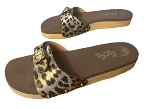 FLOGG Wood Bottom Slide Sandal Metallic Leopard Strap Buckle Womens Size 10
